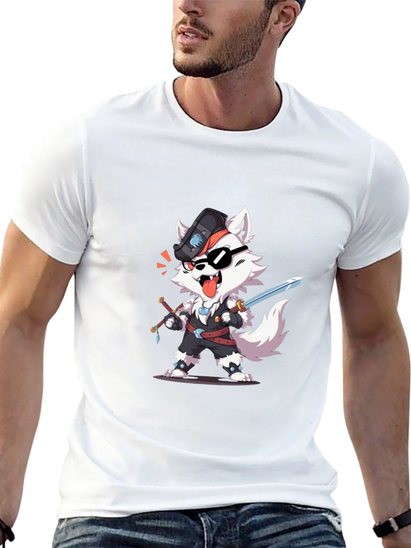 Wolf Pirate Cartoon Black T-Shirt