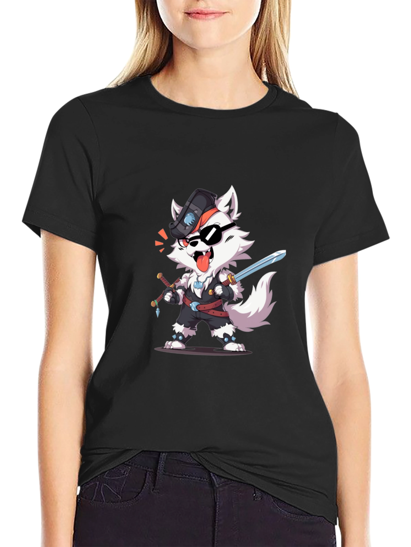 Wolf Pirate Cartoon Black T-Shirt