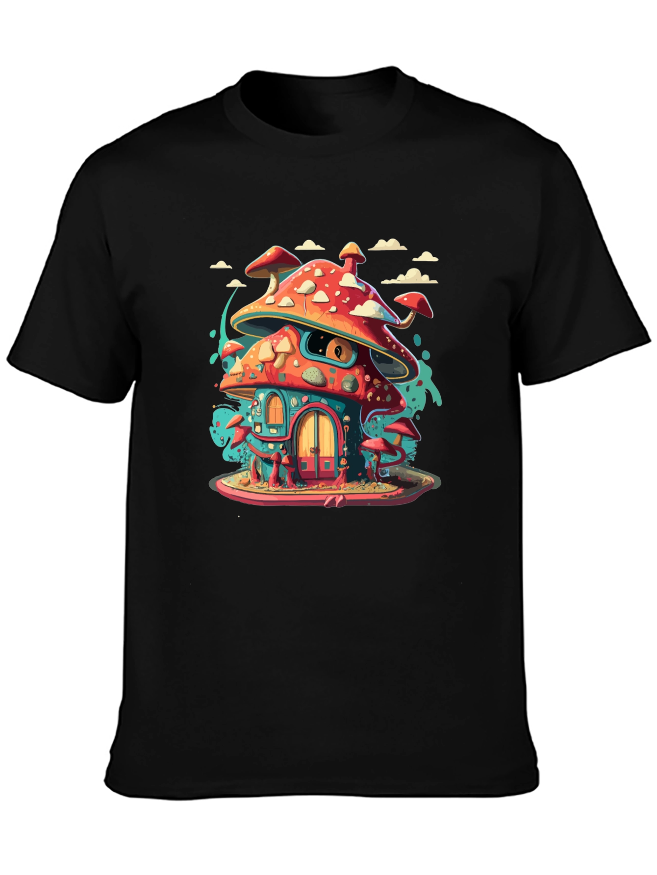 Mushroom House Graphic Tee - Funky Black T-Shirt