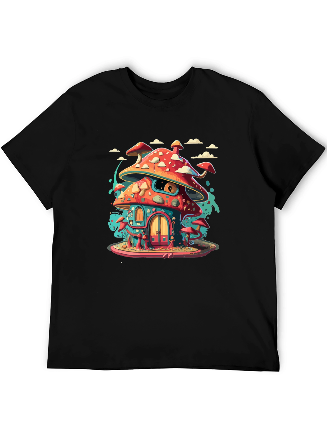 Mushroom House Graphic Tee - Funky Black T-Shirt