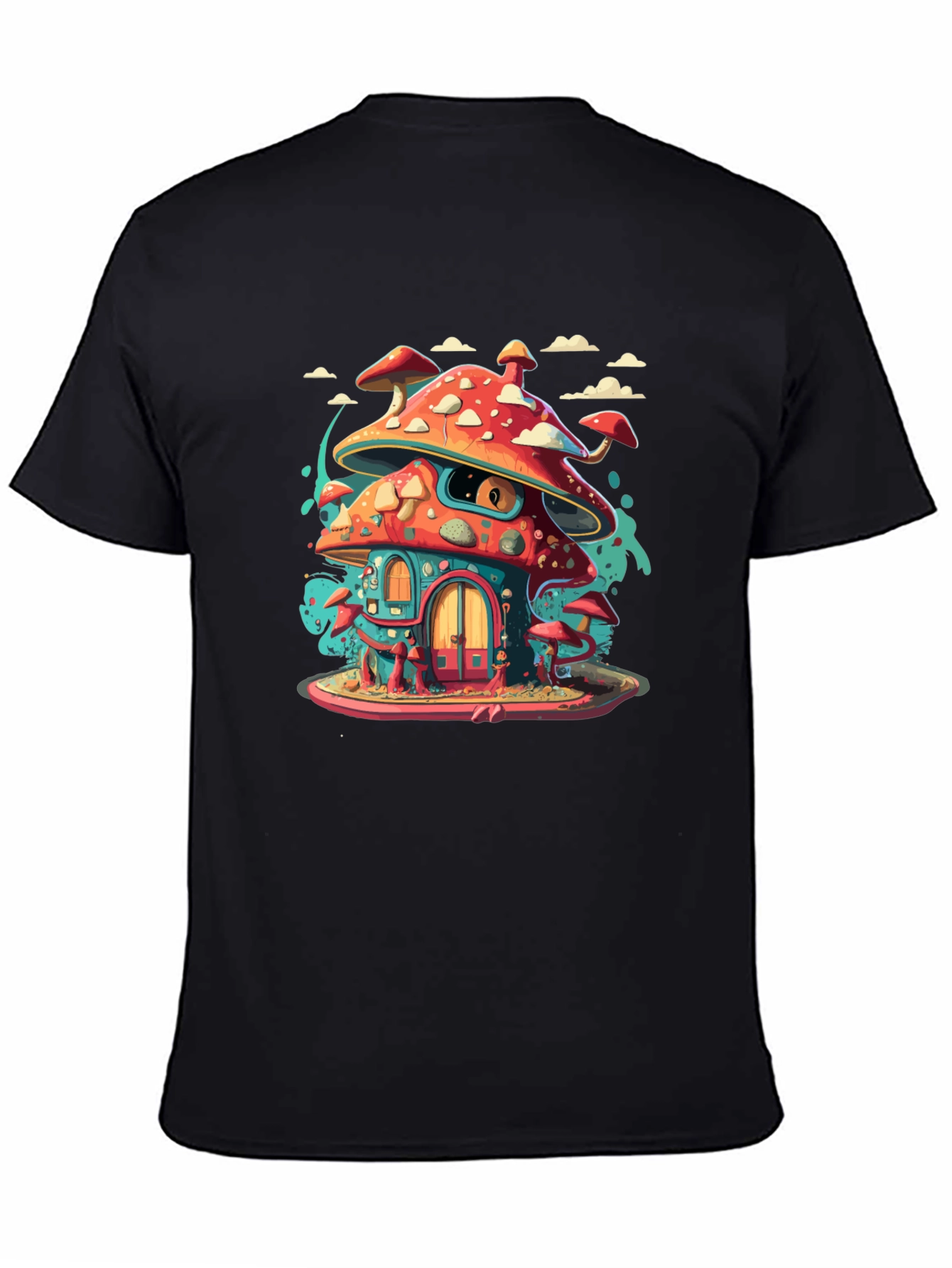 Mushroom House Graphic Tee - Funky Black T-Shirt