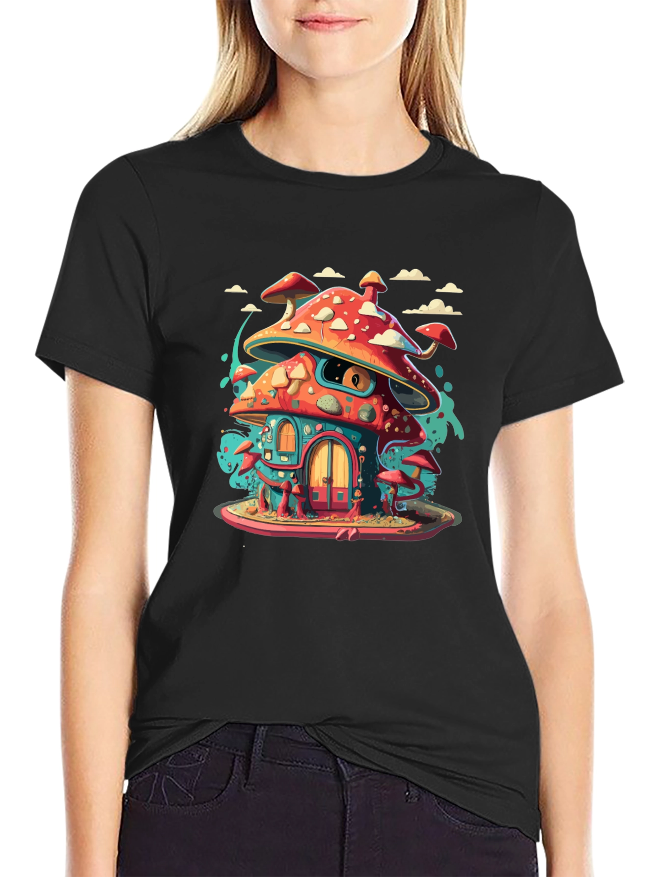 Mushroom House Graphic Tee - Funky Black T-Shirt