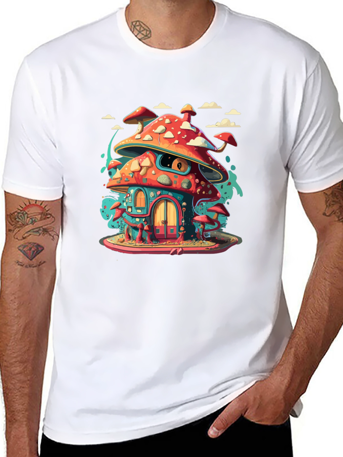 Mushroom House Graphic Tee - Funky Black T-Shirt