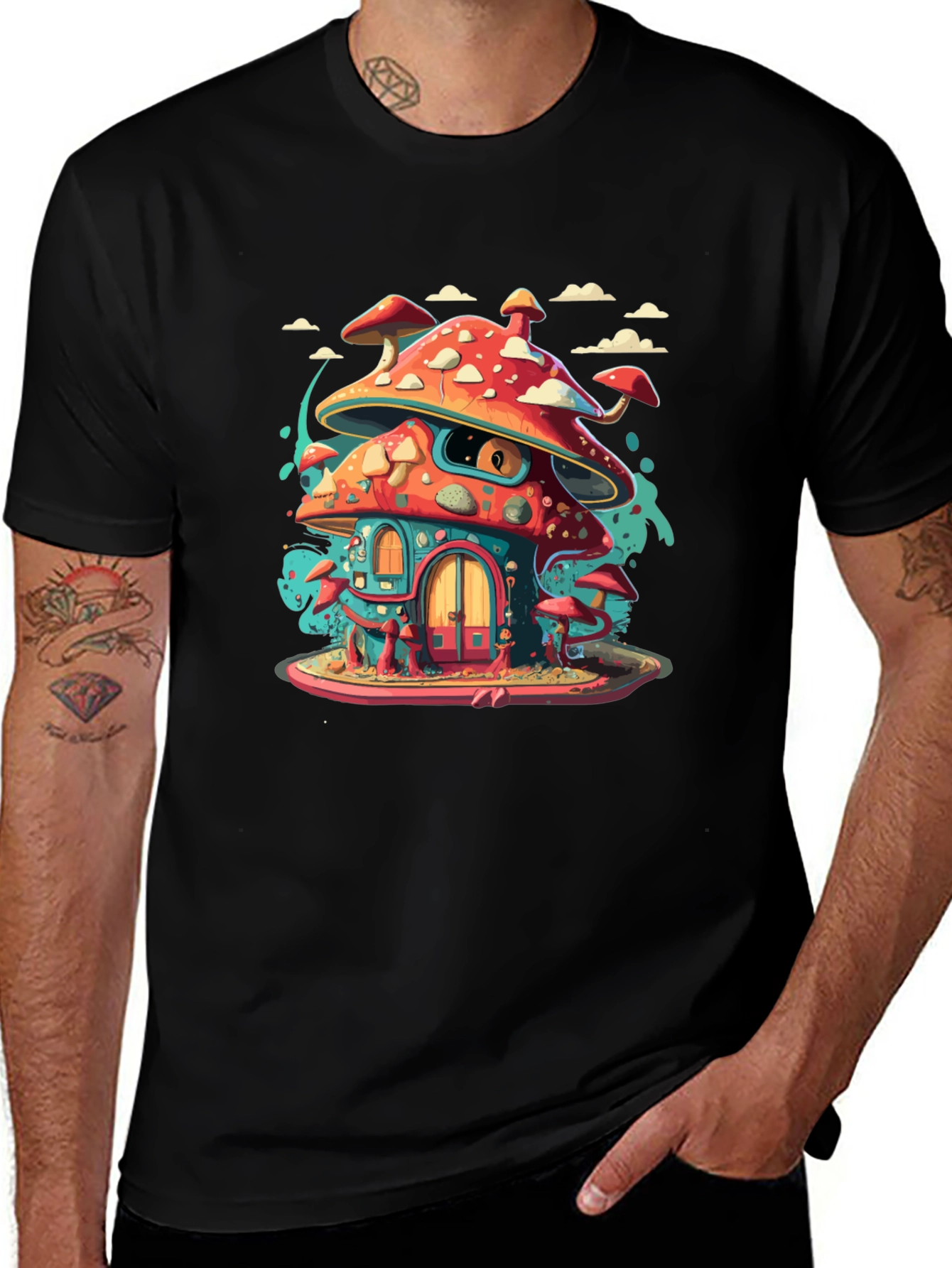 Mushroom House Graphic Tee - Funky Black T-Shirt