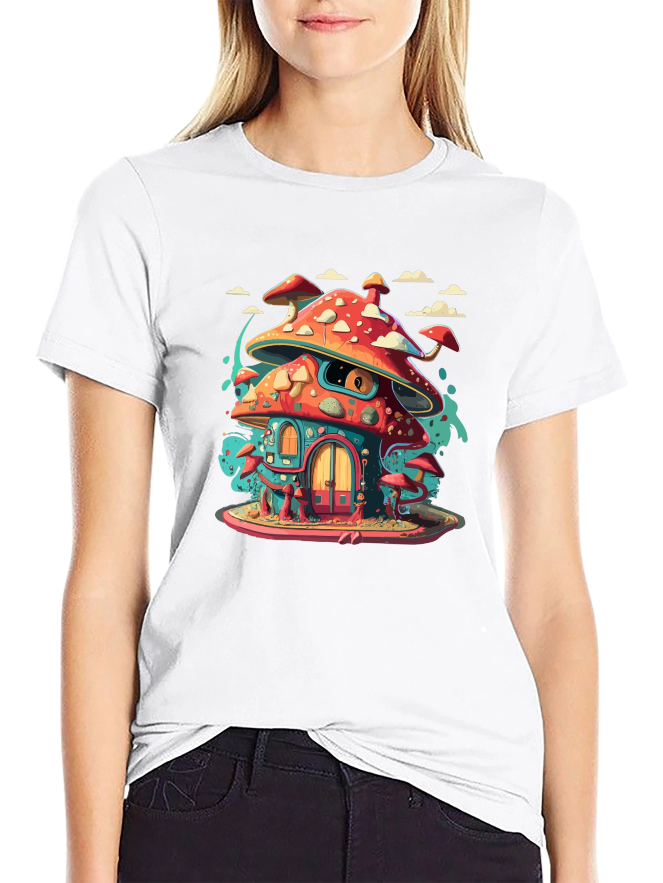 Mushroom House Graphic Tee - Funky Black T-Shirt