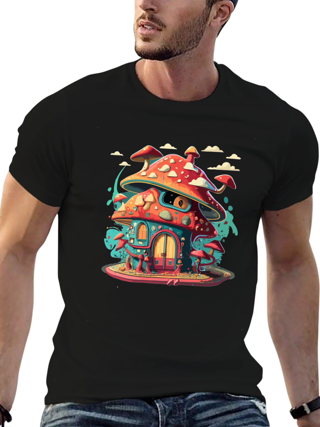 Mushroom House Graphic Tee - Funky Black T-Shirt