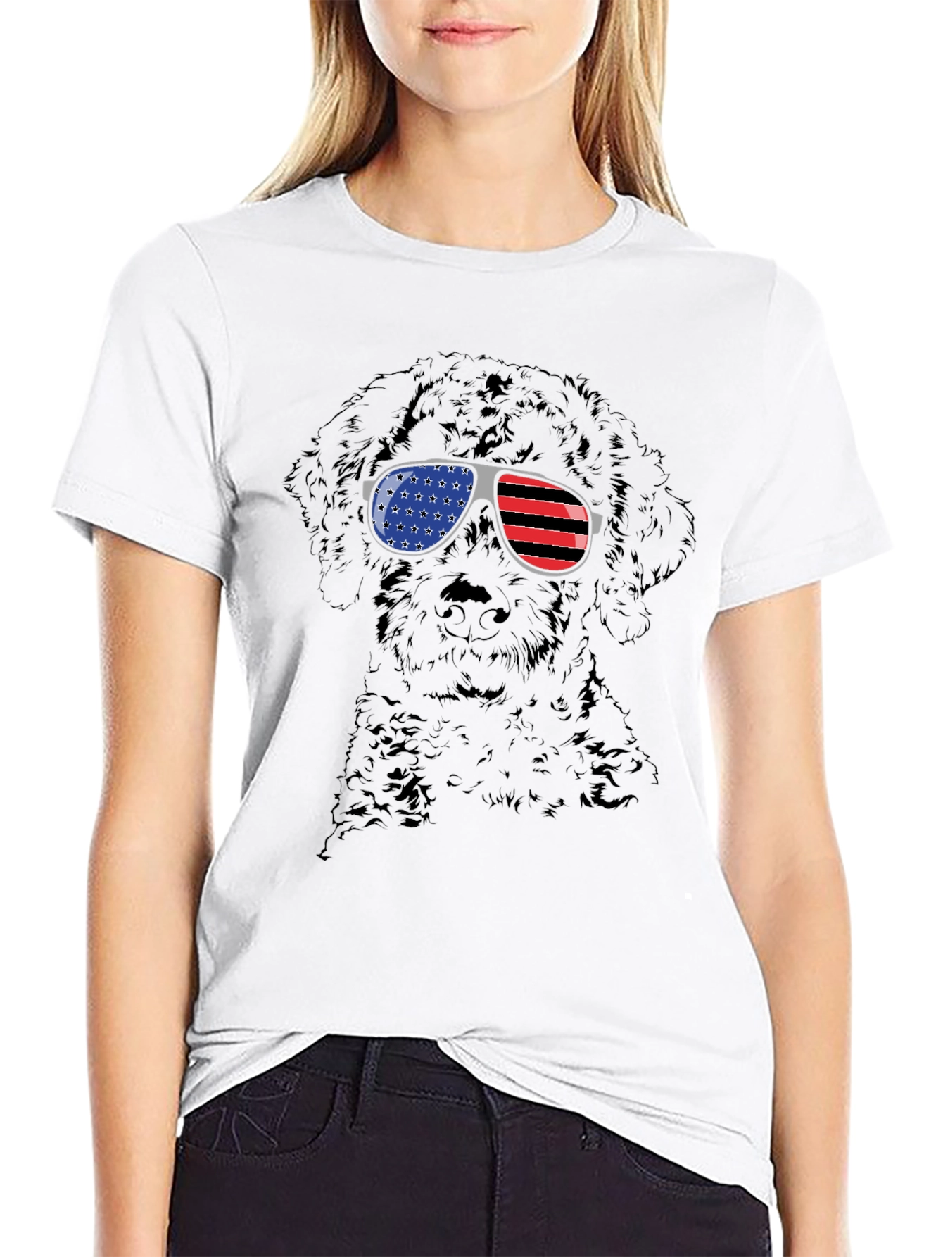 Cool Dog American Flag Sunglasses Black T-Shirt