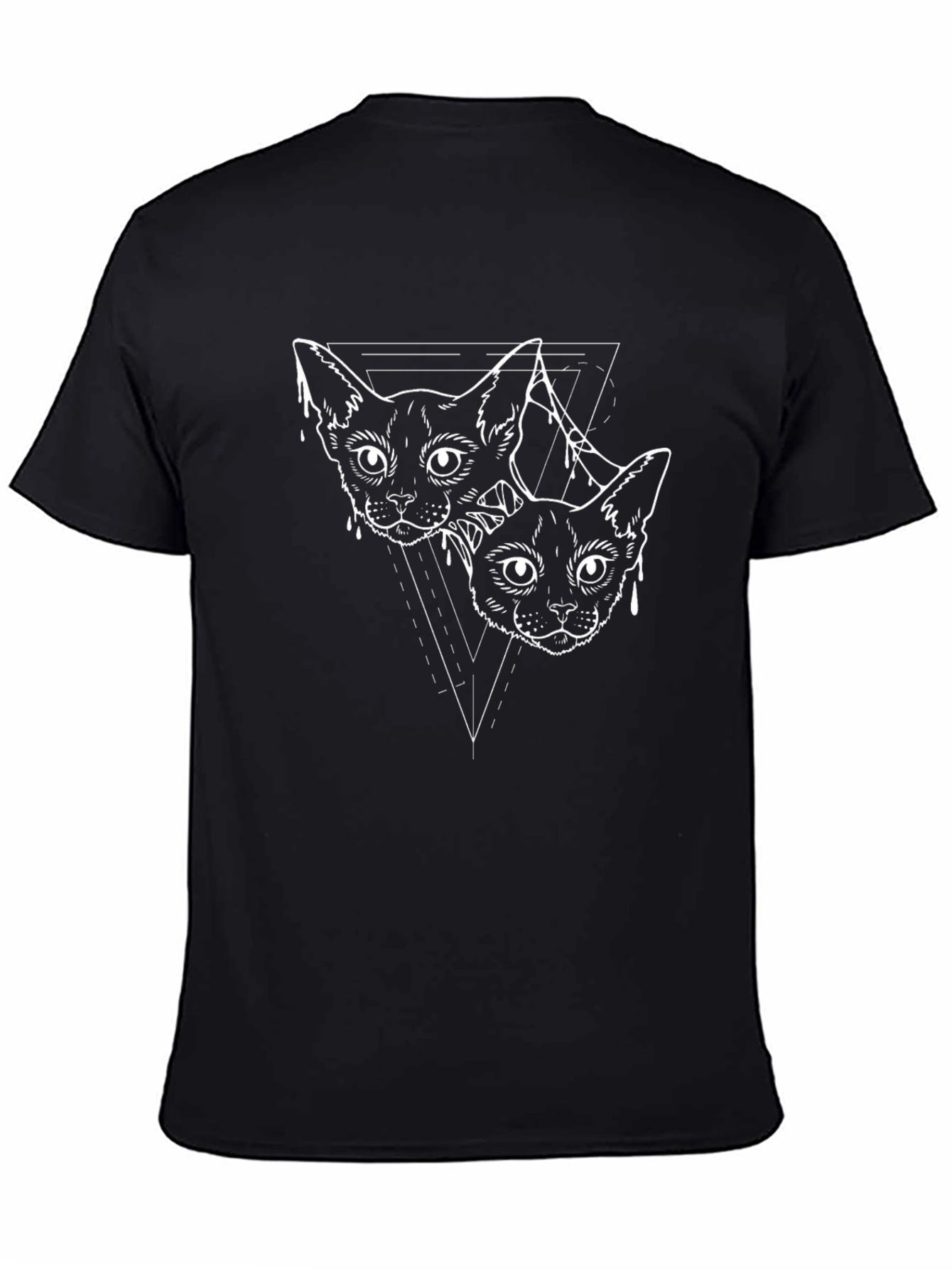 Geometric Cats Graphic Tee - Black Cotton Casual Shirt