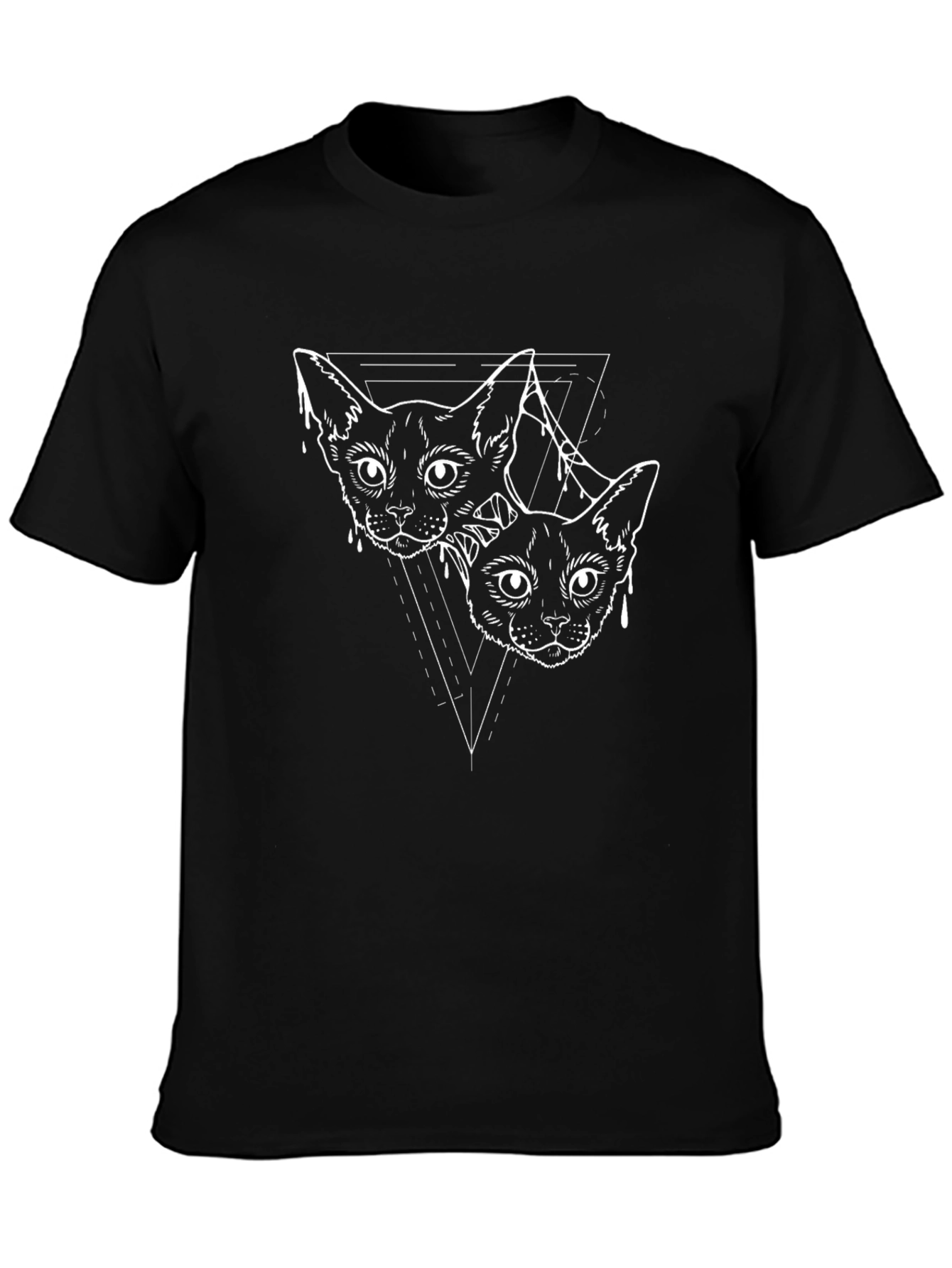Geometric Cats Graphic Tee - Black Cotton Casual Shirt