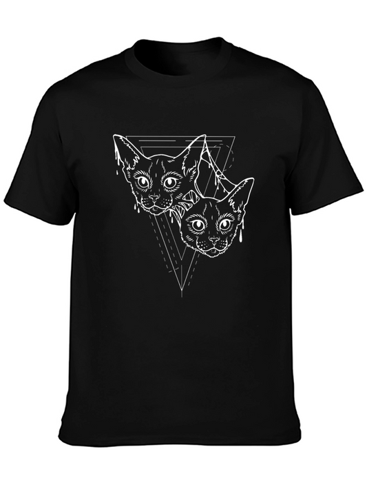 Geometric Cats Graphic Tee - Black Cotton Casual Shirt