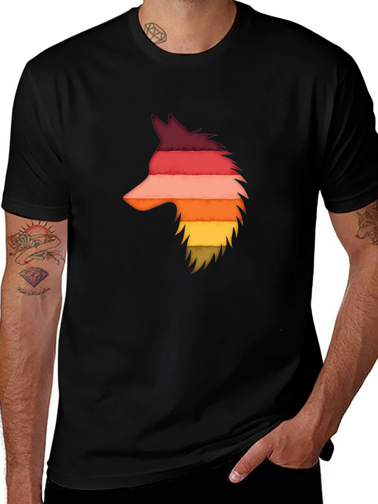 Retro Striped Wolf Head Graphic Tee - Black Cotton Blend