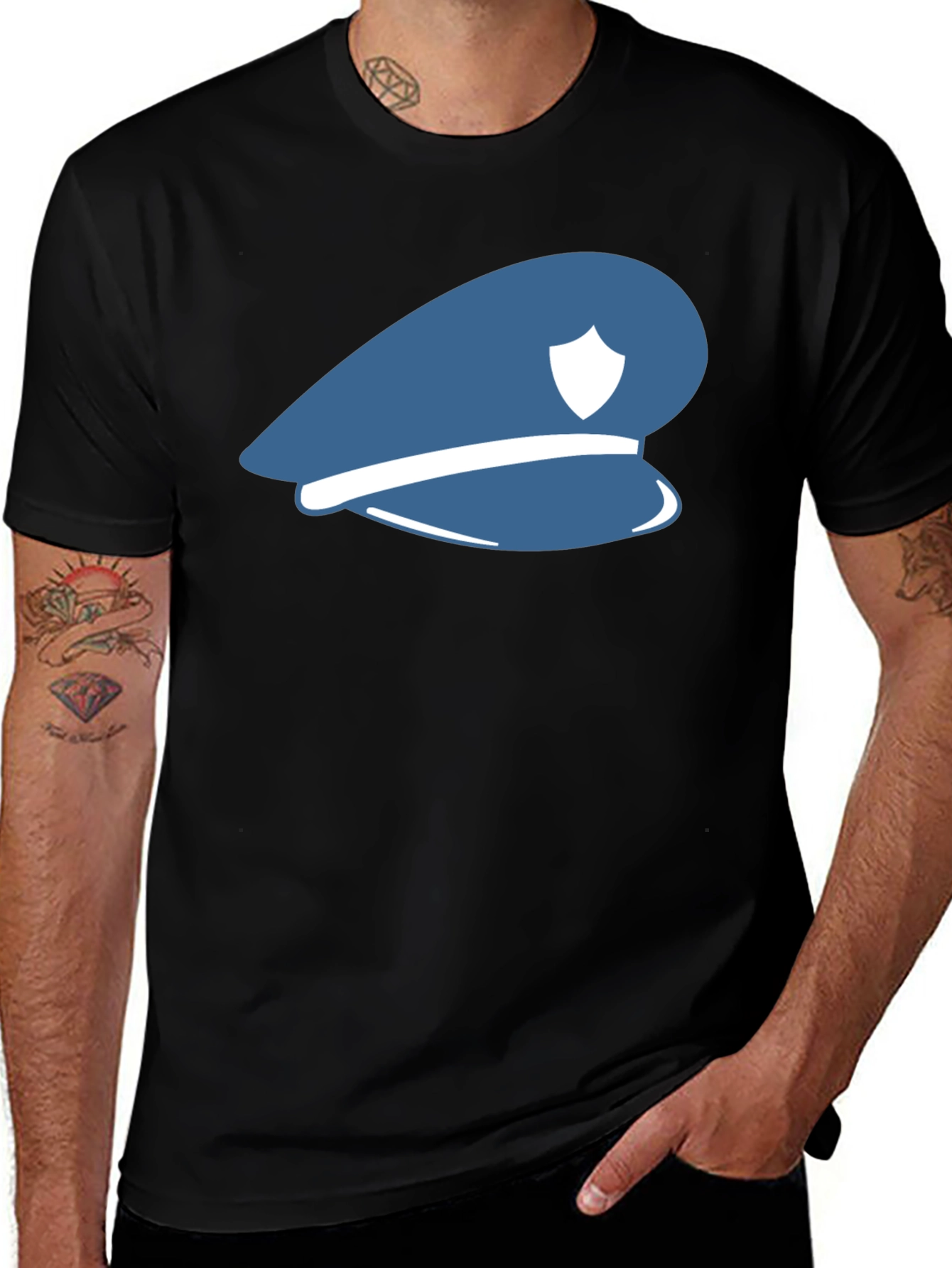 Blue Police Hat Graphic T-Shirt - Stylish Cotton Tee