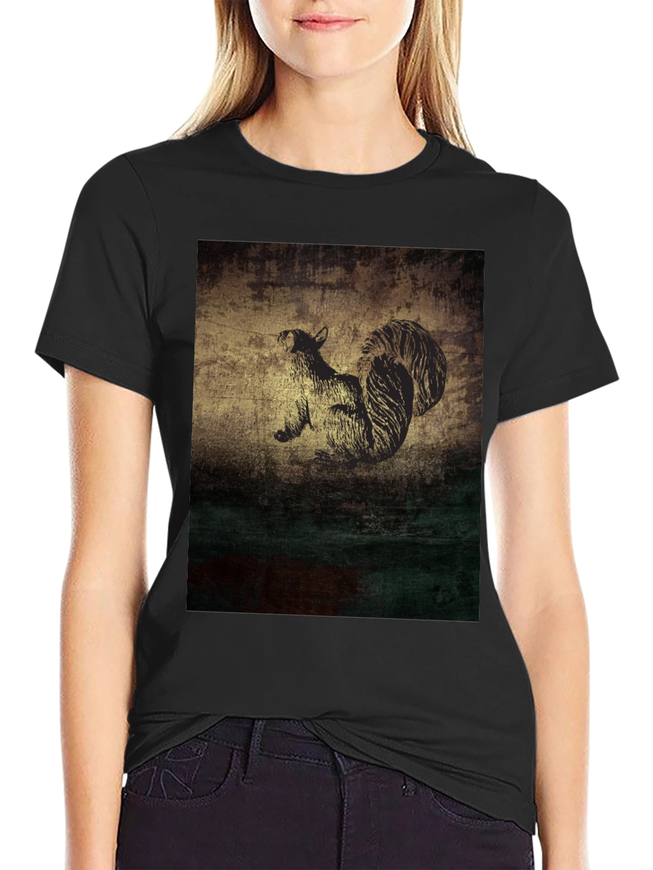Squirrel Graphic Print Black T-Shirt