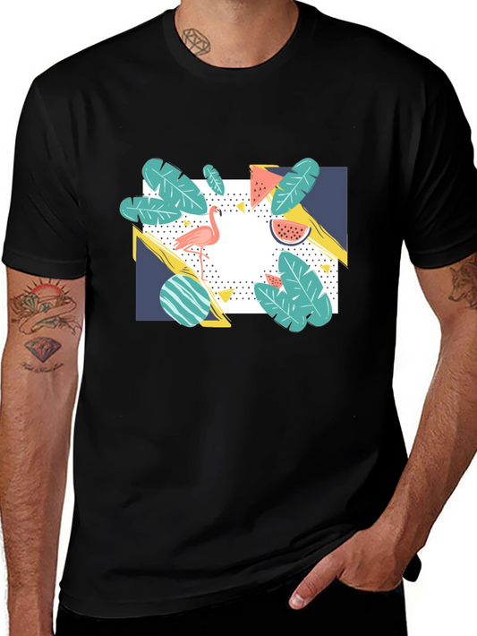 Tropical Flamingo Graphic Print Black T-Shirt
