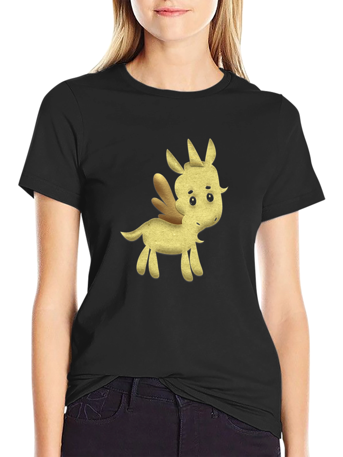 Black Tee with Cartoon Unicorn Design