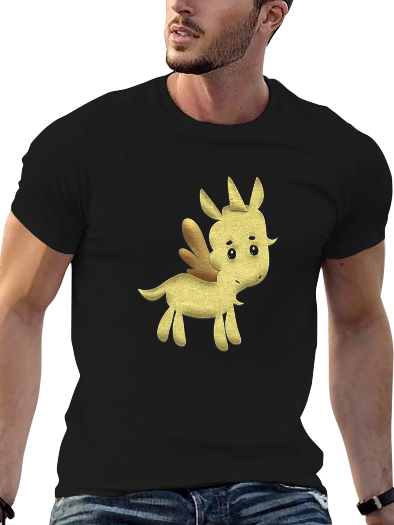 Black Tee with Cartoon Unicorn Design