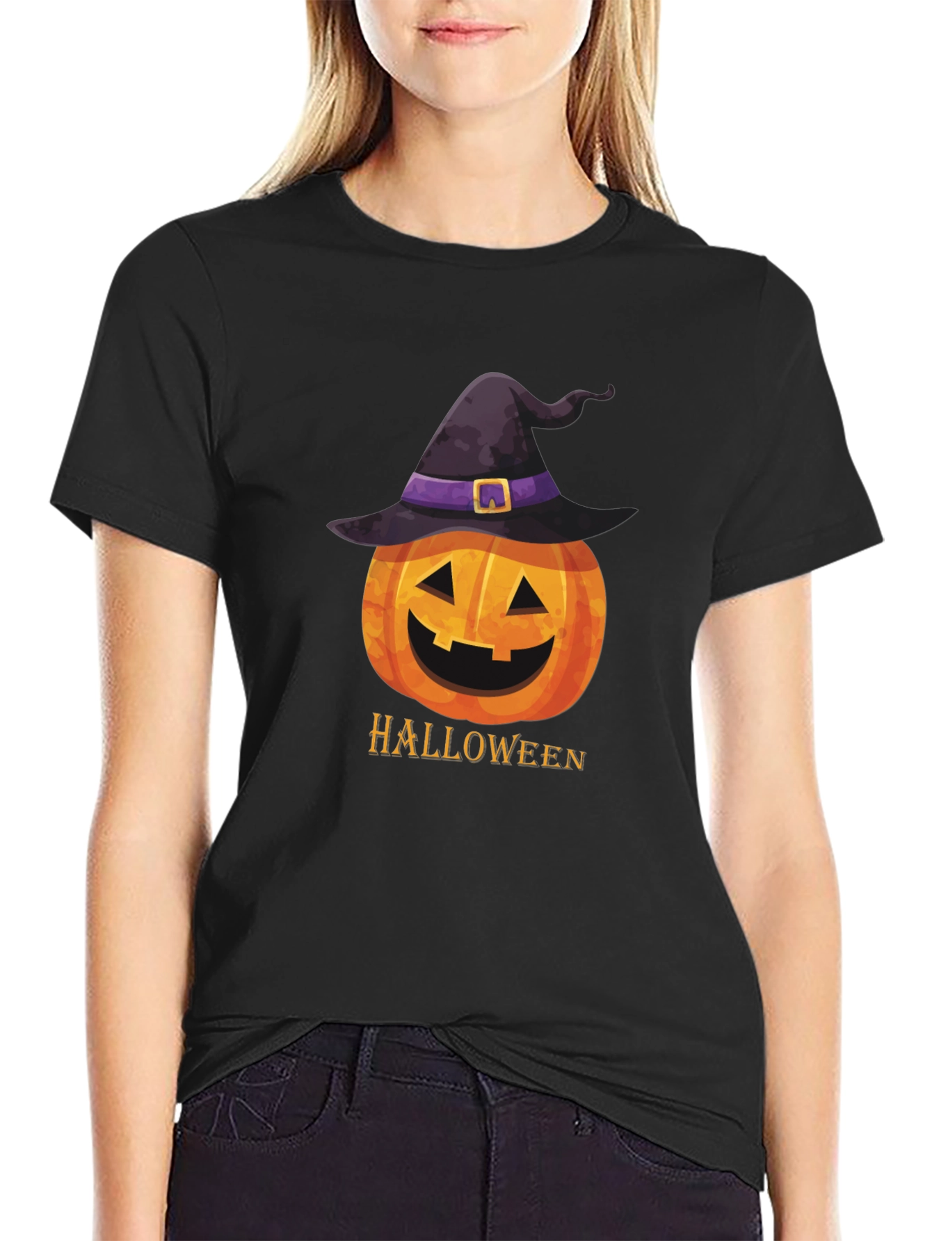 Halloween Pumpkin Witch Hat Graphic T-Shirt