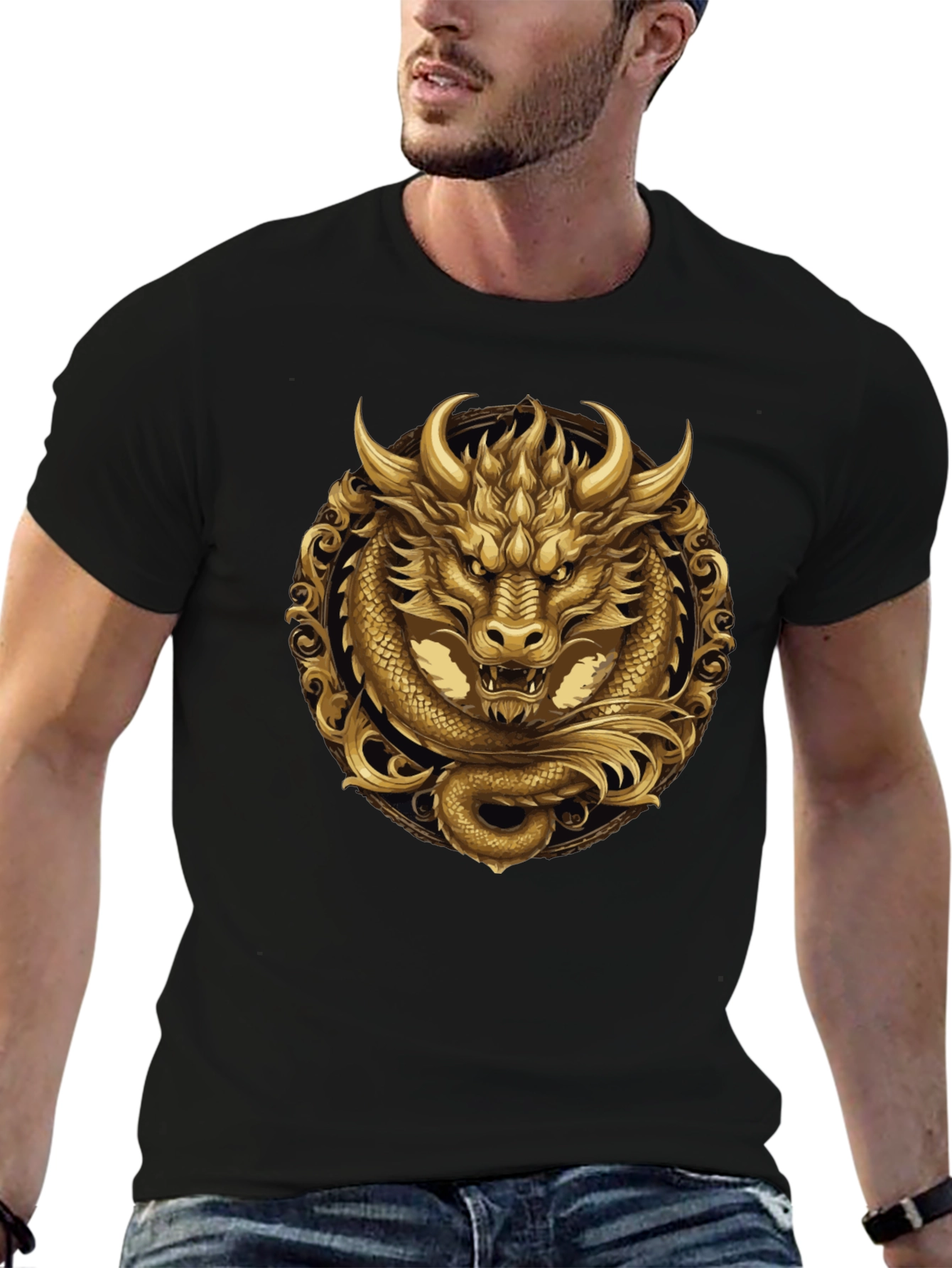 Golden Dragon Graphic Tee - Stylish Mens Black T-Shirt
