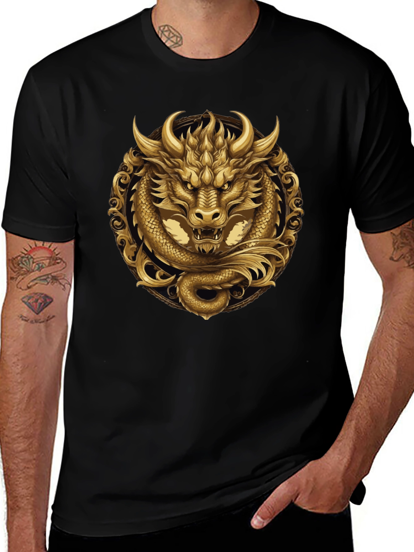 Golden Dragon Graphic Tee - Stylish Mens Black T-Shirt