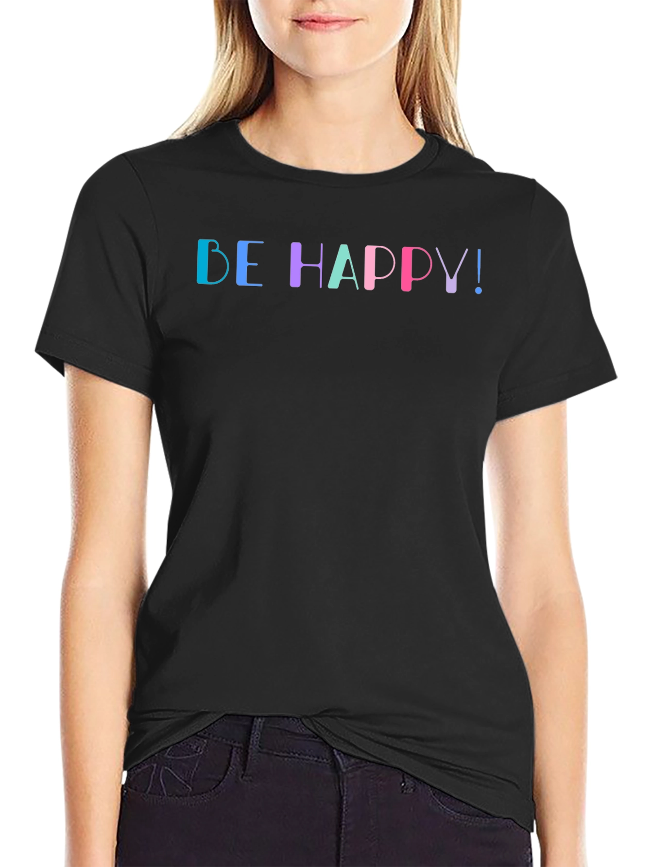 Be Happy! Graphic Print Black T-Shirt