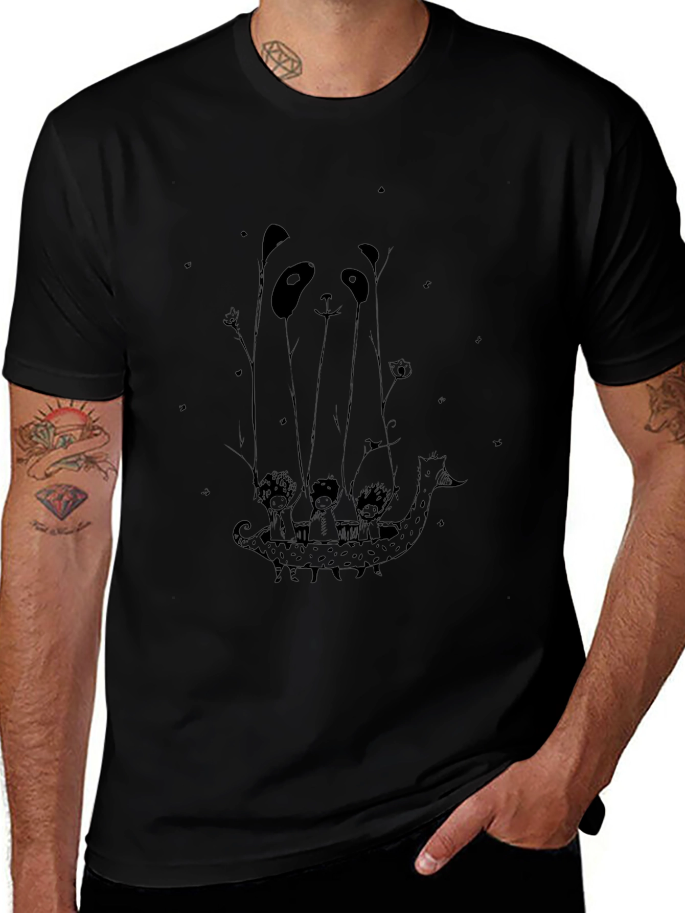 Panda Boat Ride Graphic Tee - Black Cotton T-Shirt