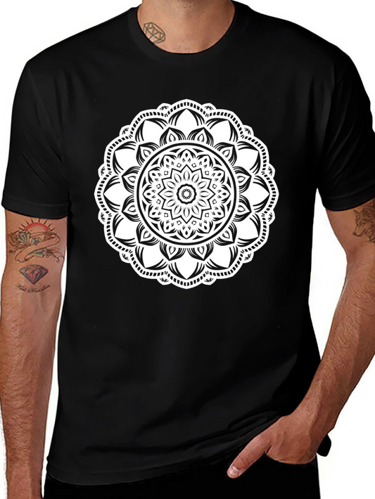 Black T-Shirt with White Mandala Design