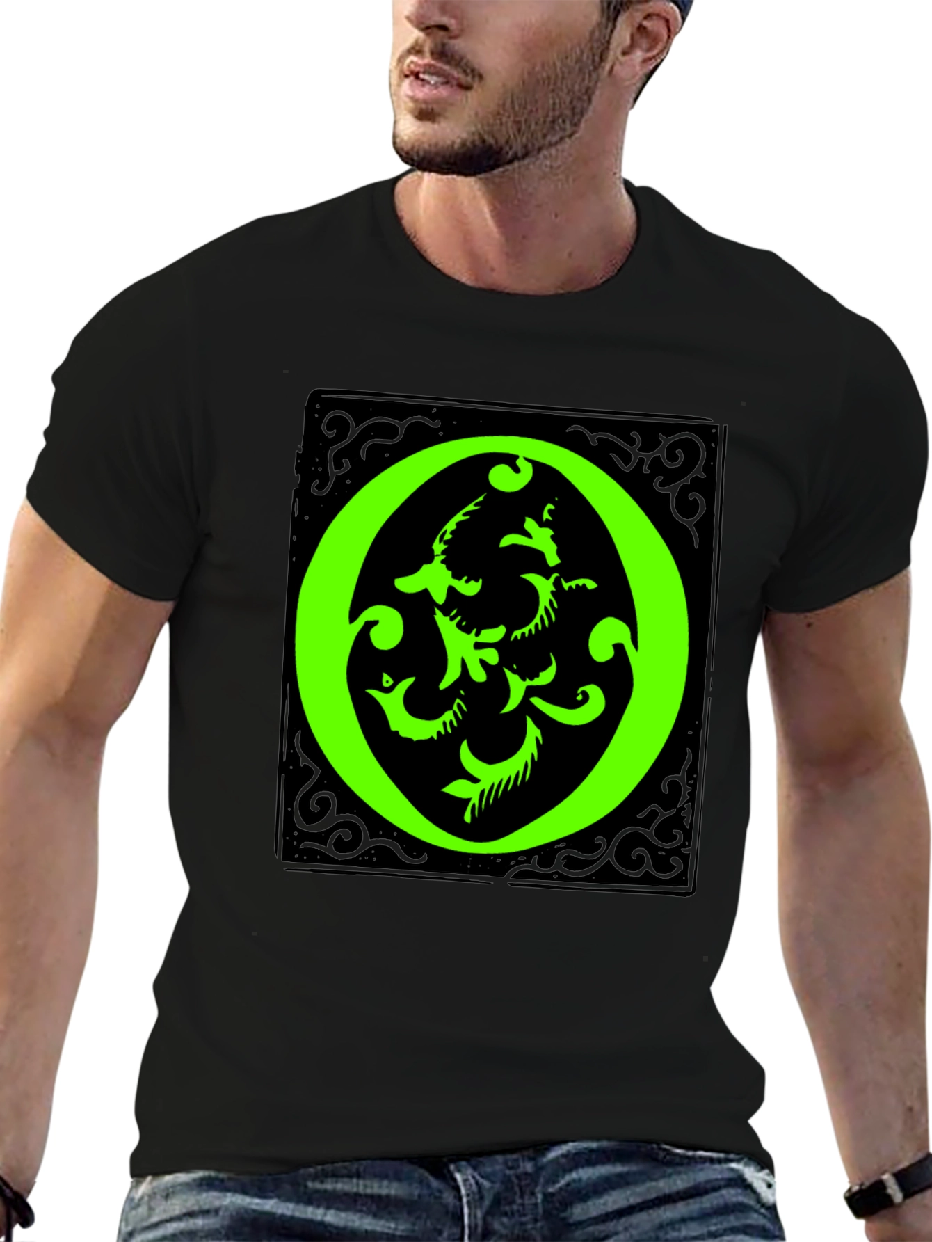 Abstract Green O Graphic Black T-Shirt