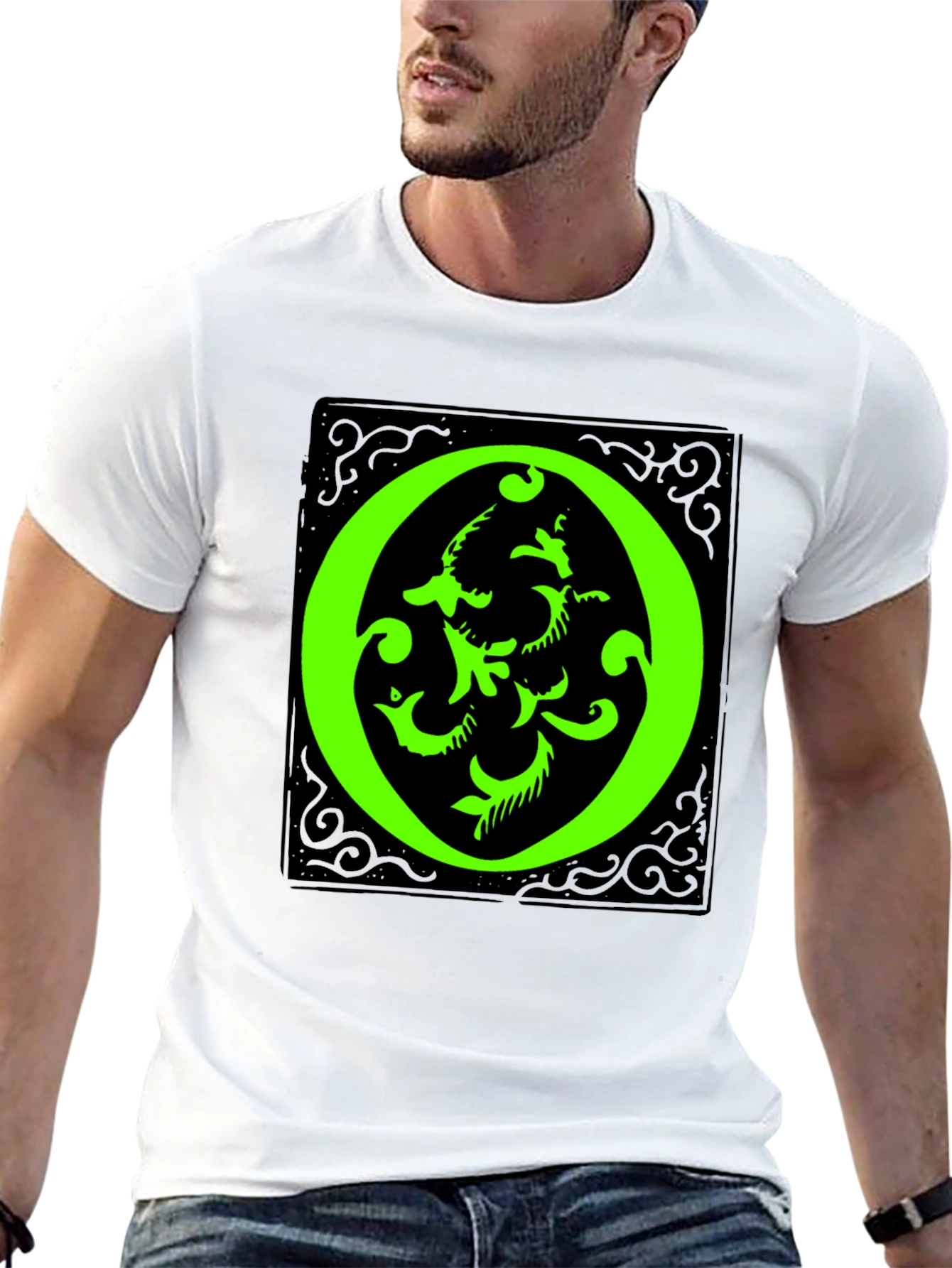 Abstract Green O Graphic Black T-Shirt