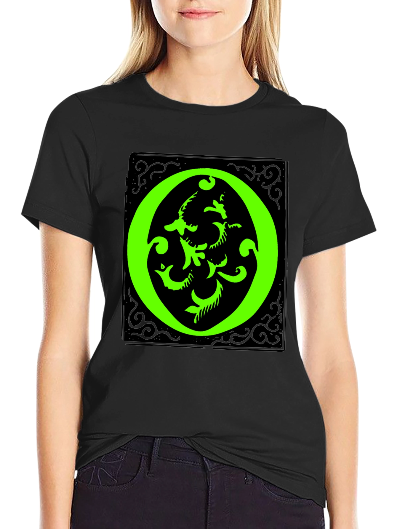 Abstract Green O Graphic Black T-Shirt
