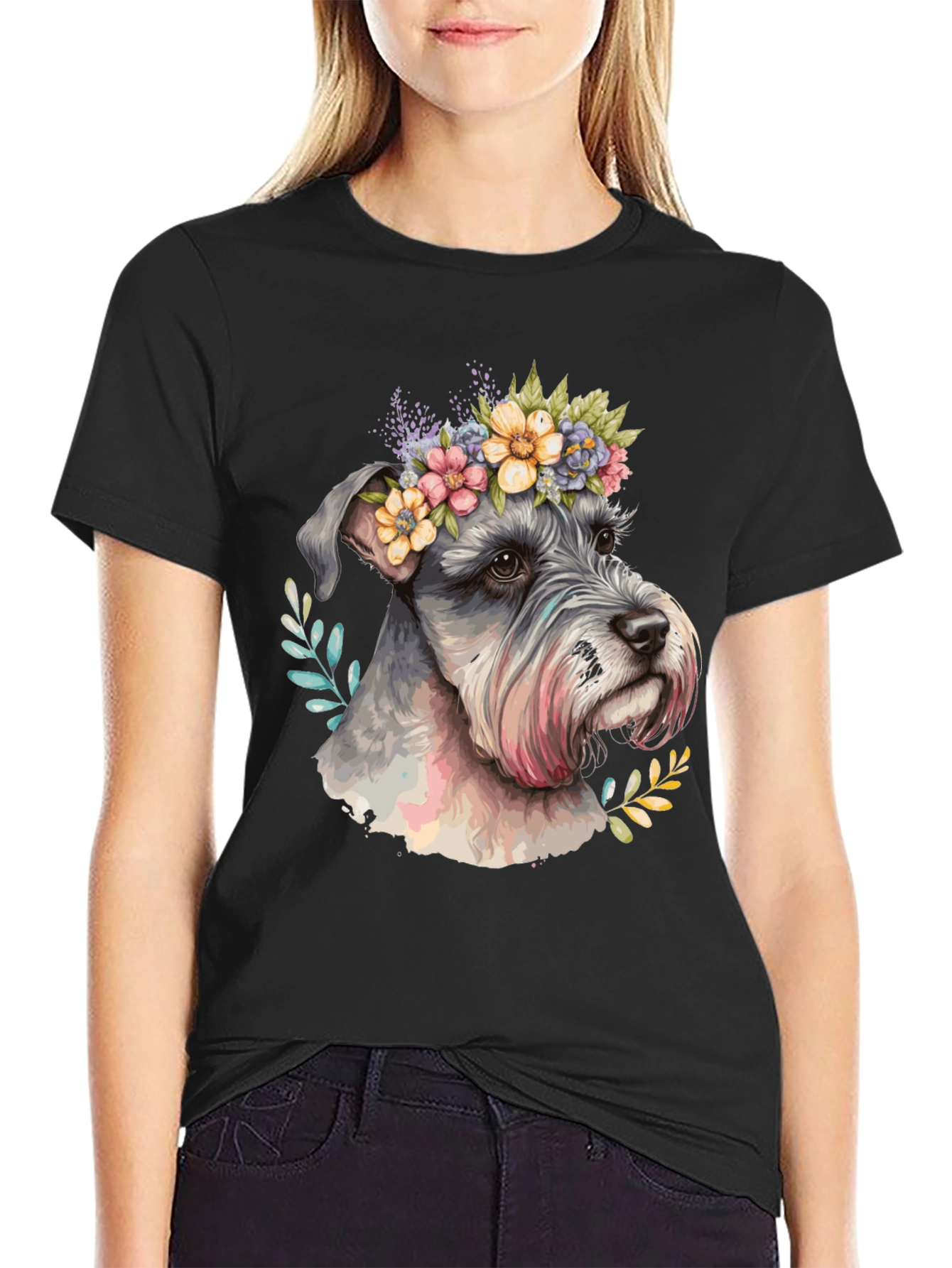 Dog with Floral Crown Mens Black T-Shirt