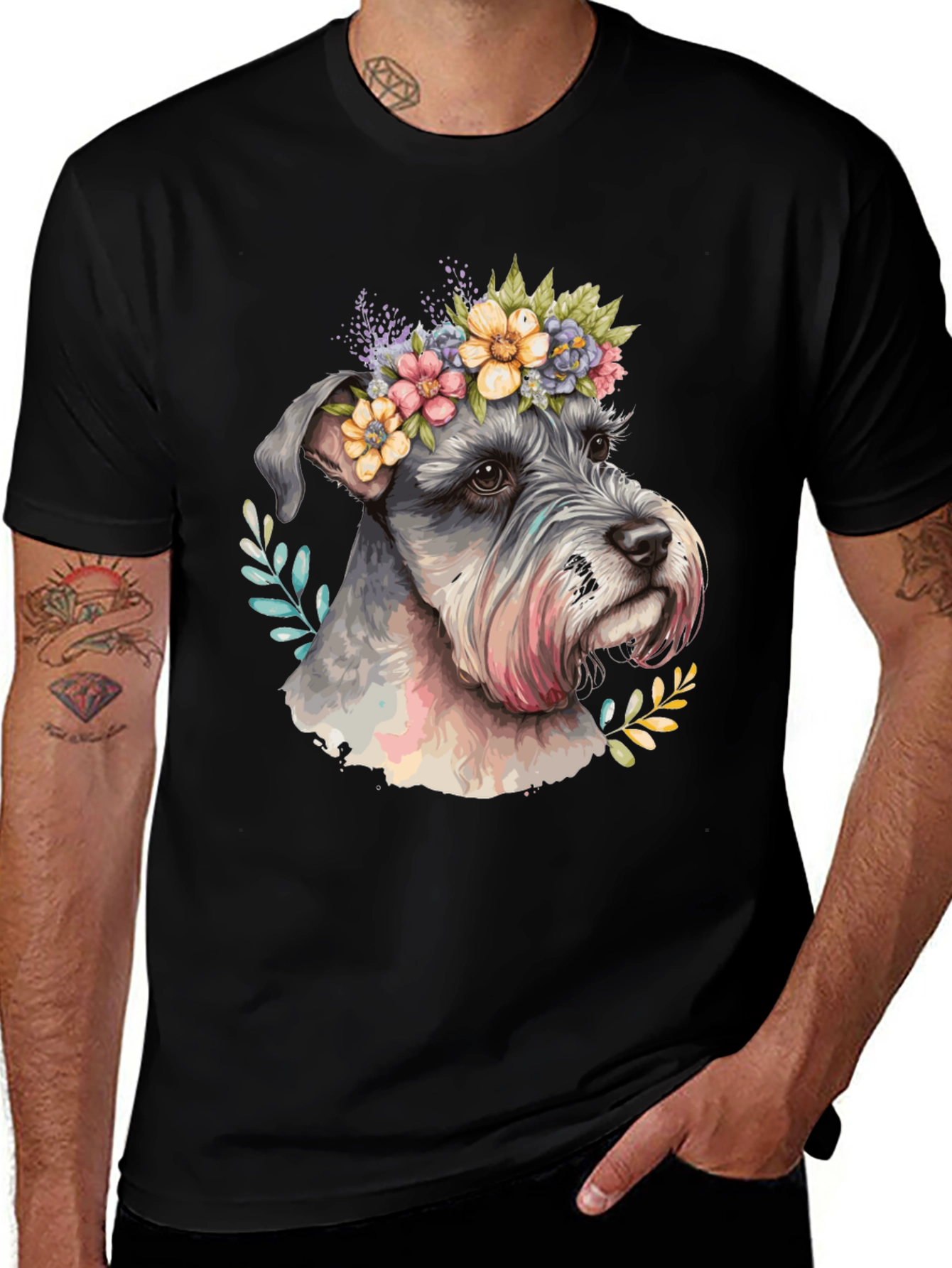 Dog with Floral Crown Mens Black T-Shirt