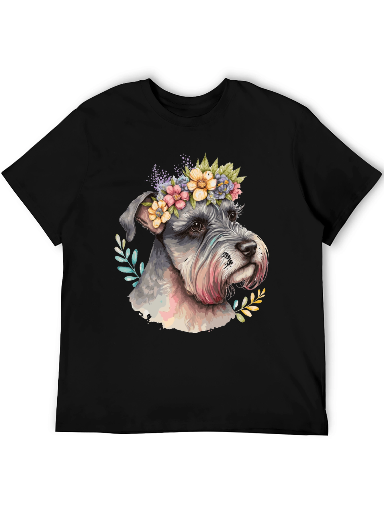 Dog with Floral Crown Mens Black T-Shirt