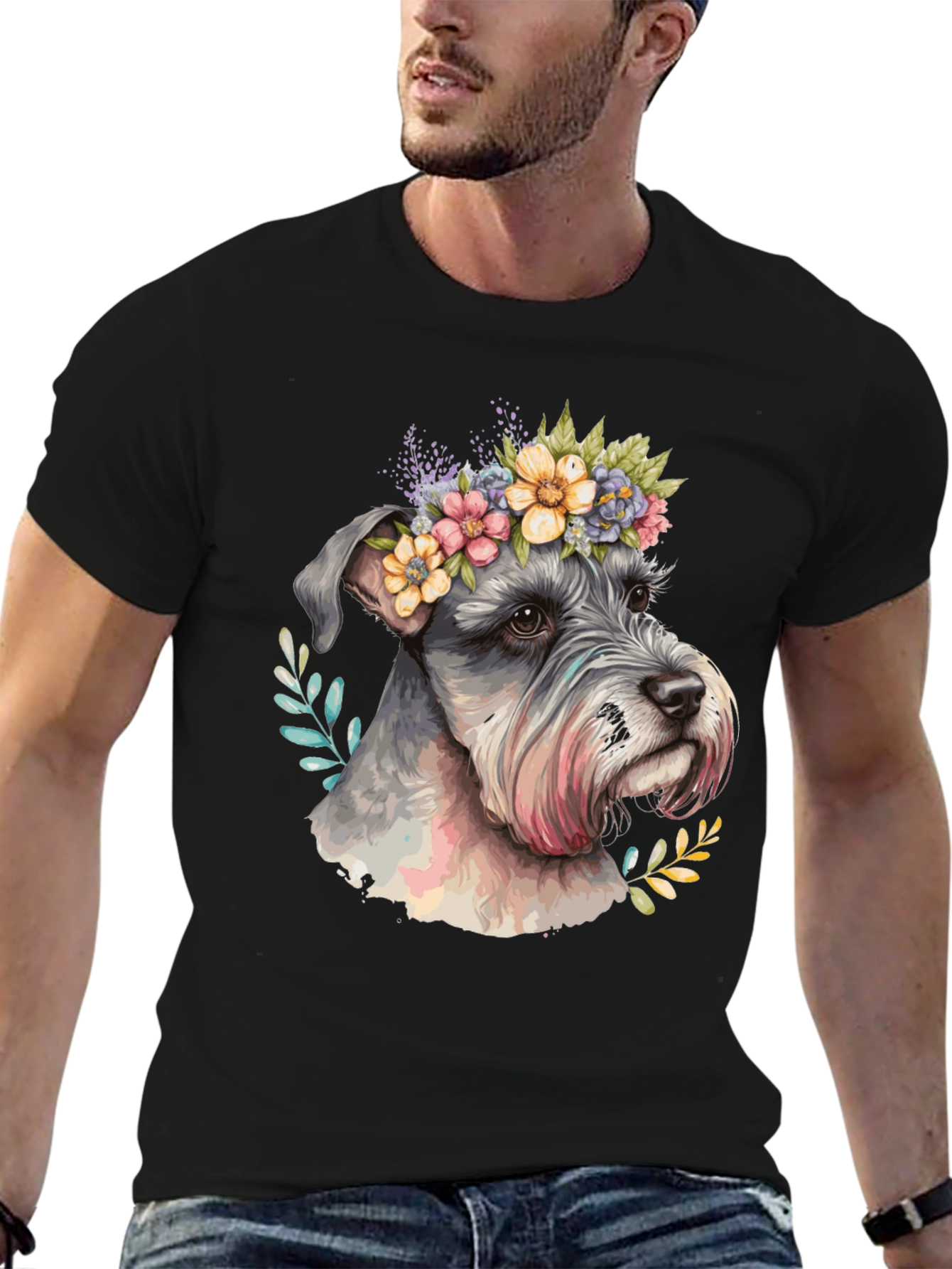 Dog with Floral Crown Mens Black T-Shirt