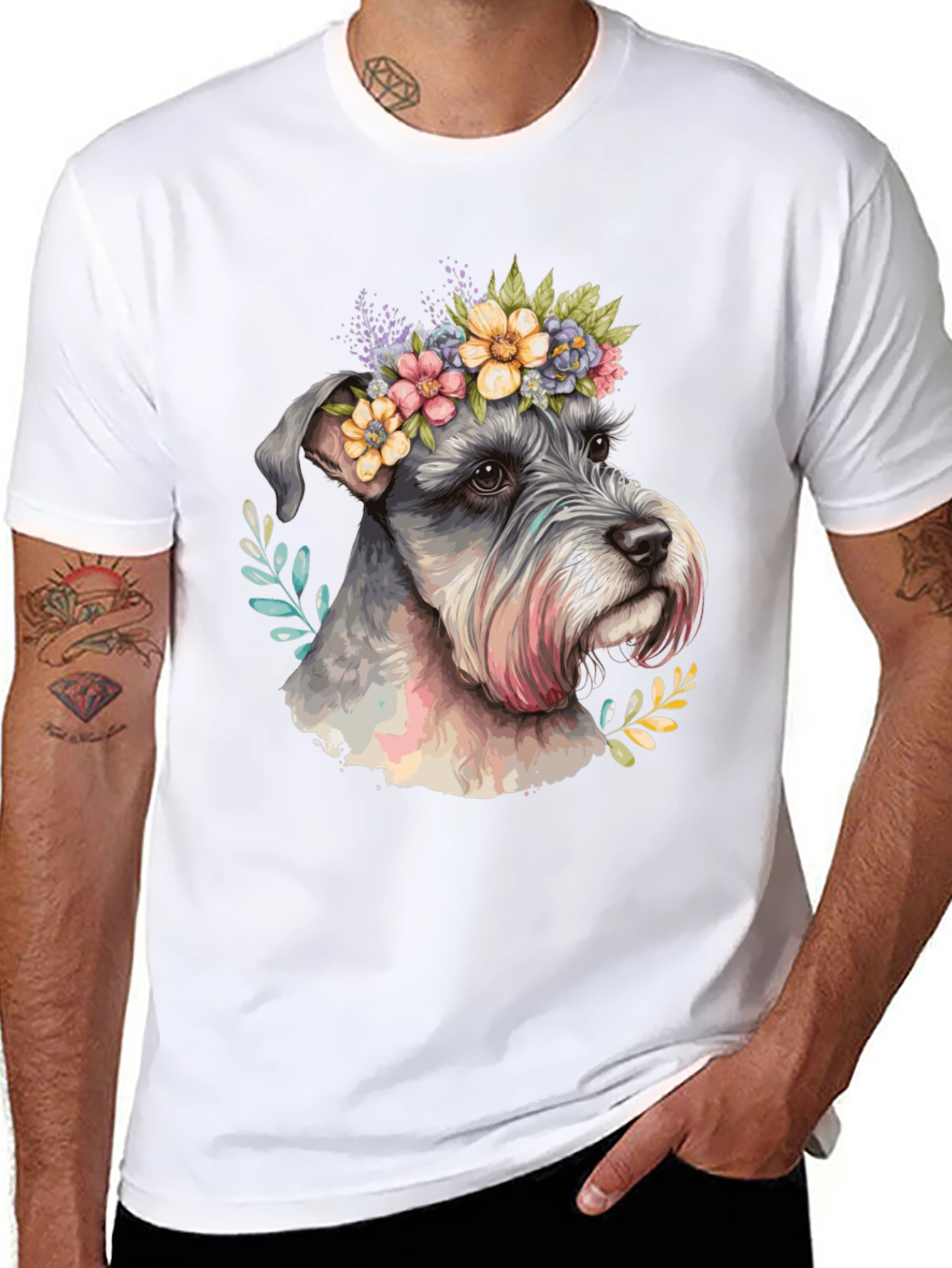 Dog with Floral Crown Mens Black T-Shirt