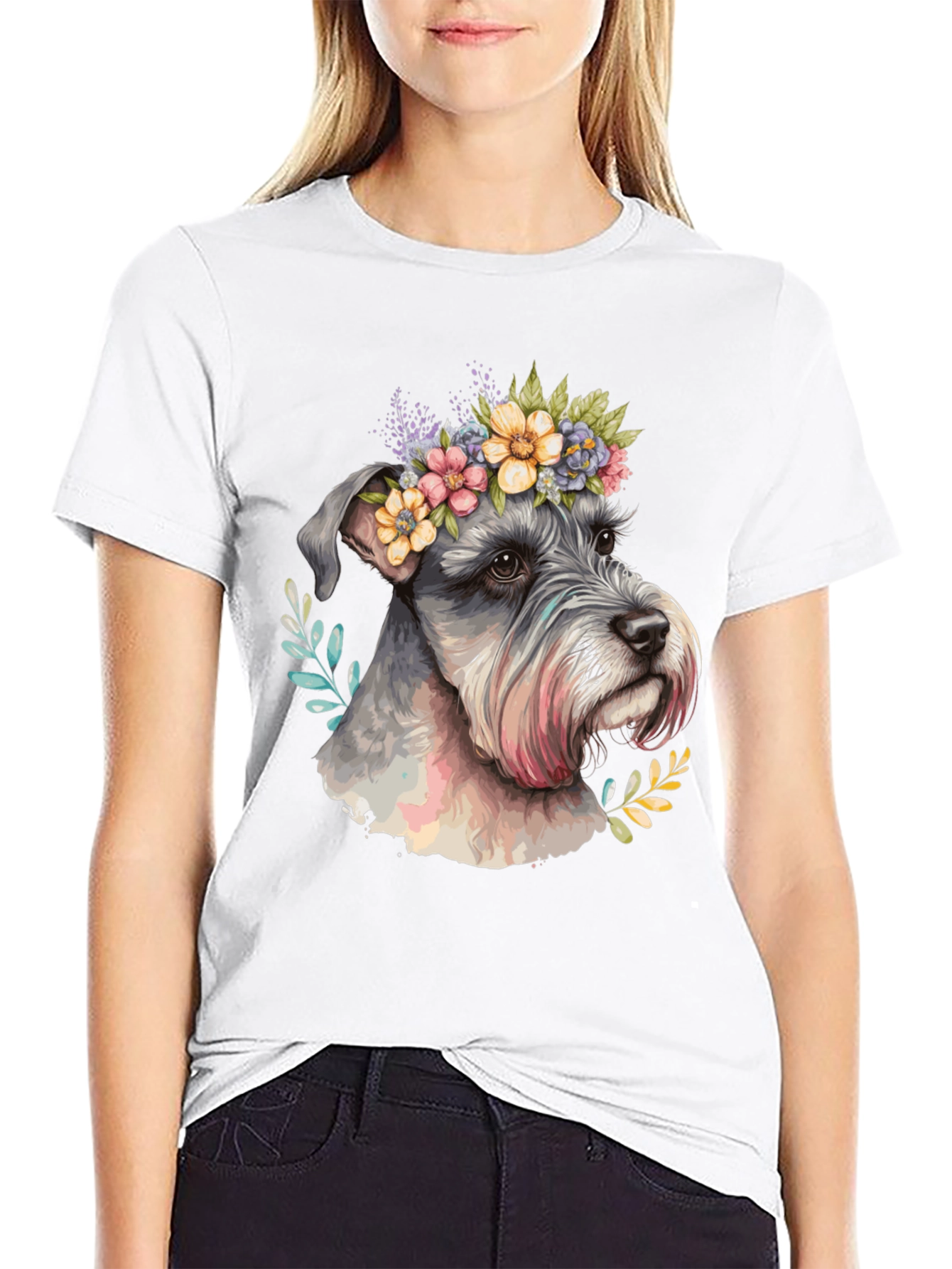 Dog with Floral Crown Mens Black T-Shirt