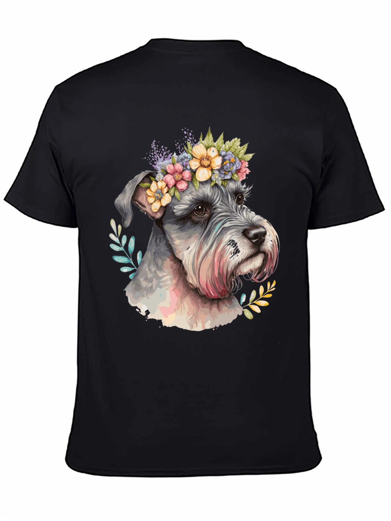 Dog with Floral Crown Mens Black T-Shirt