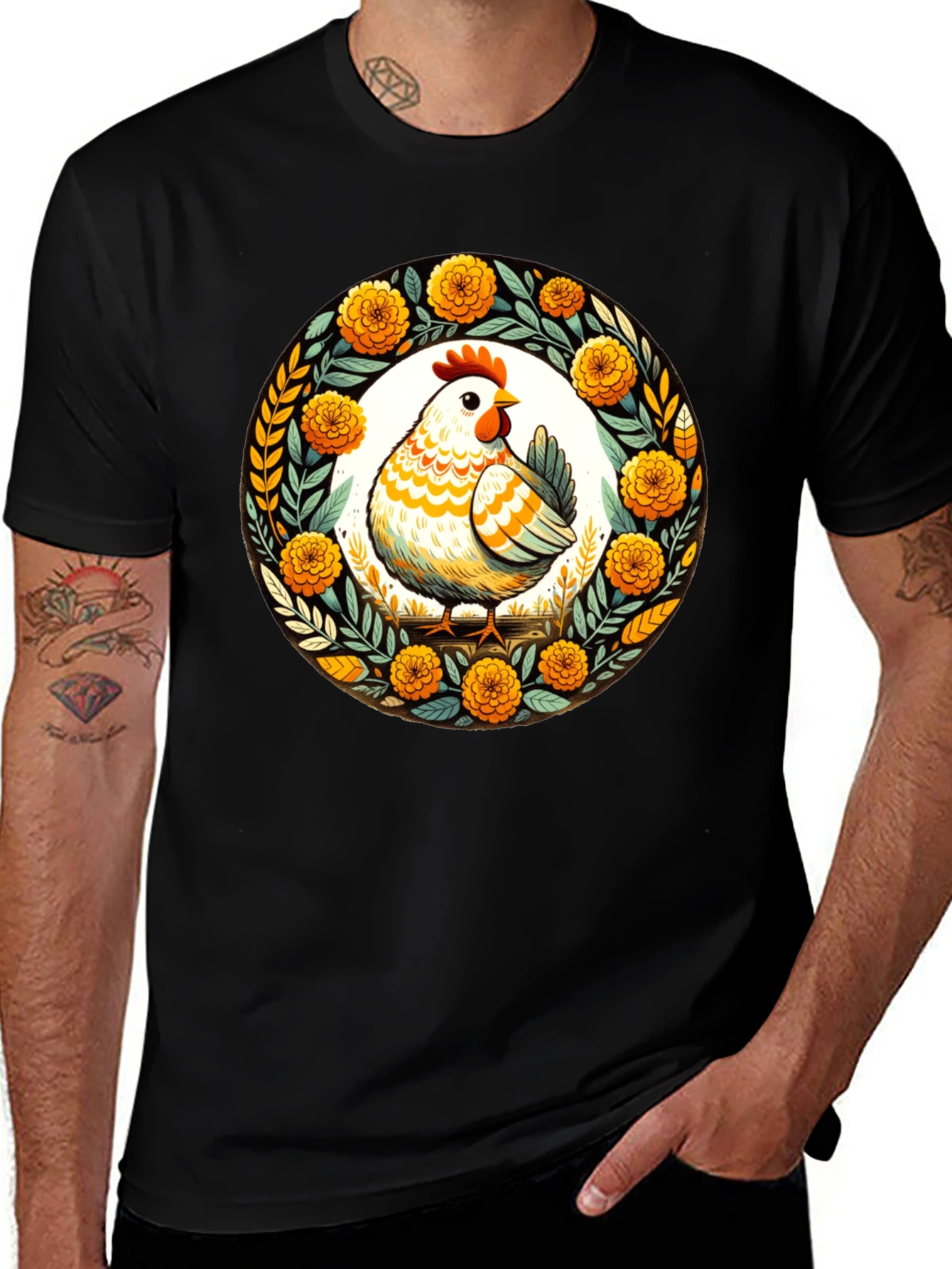 Chicken & Floral Wreath Graphic Tee