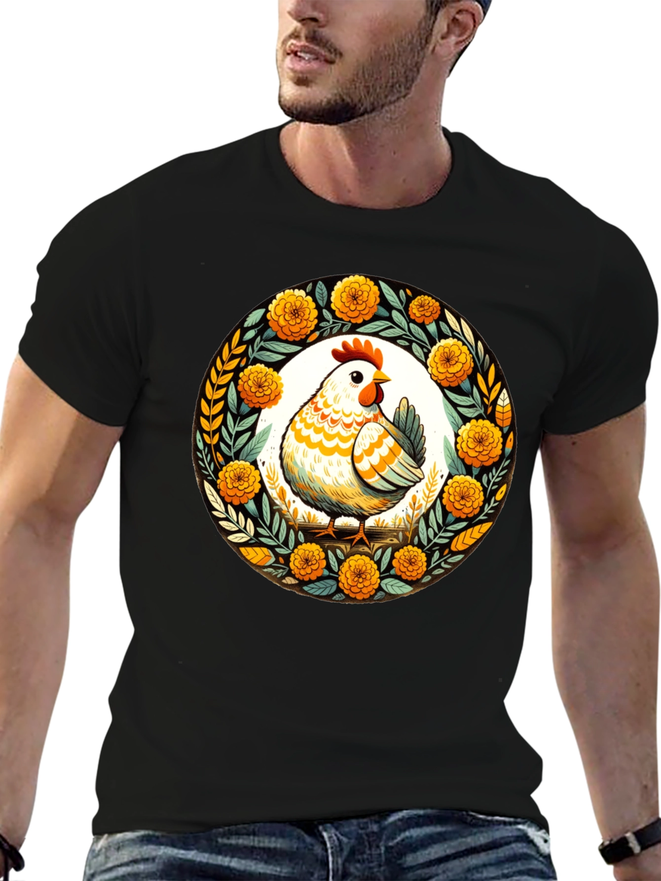 Chicken & Floral Wreath Graphic Tee