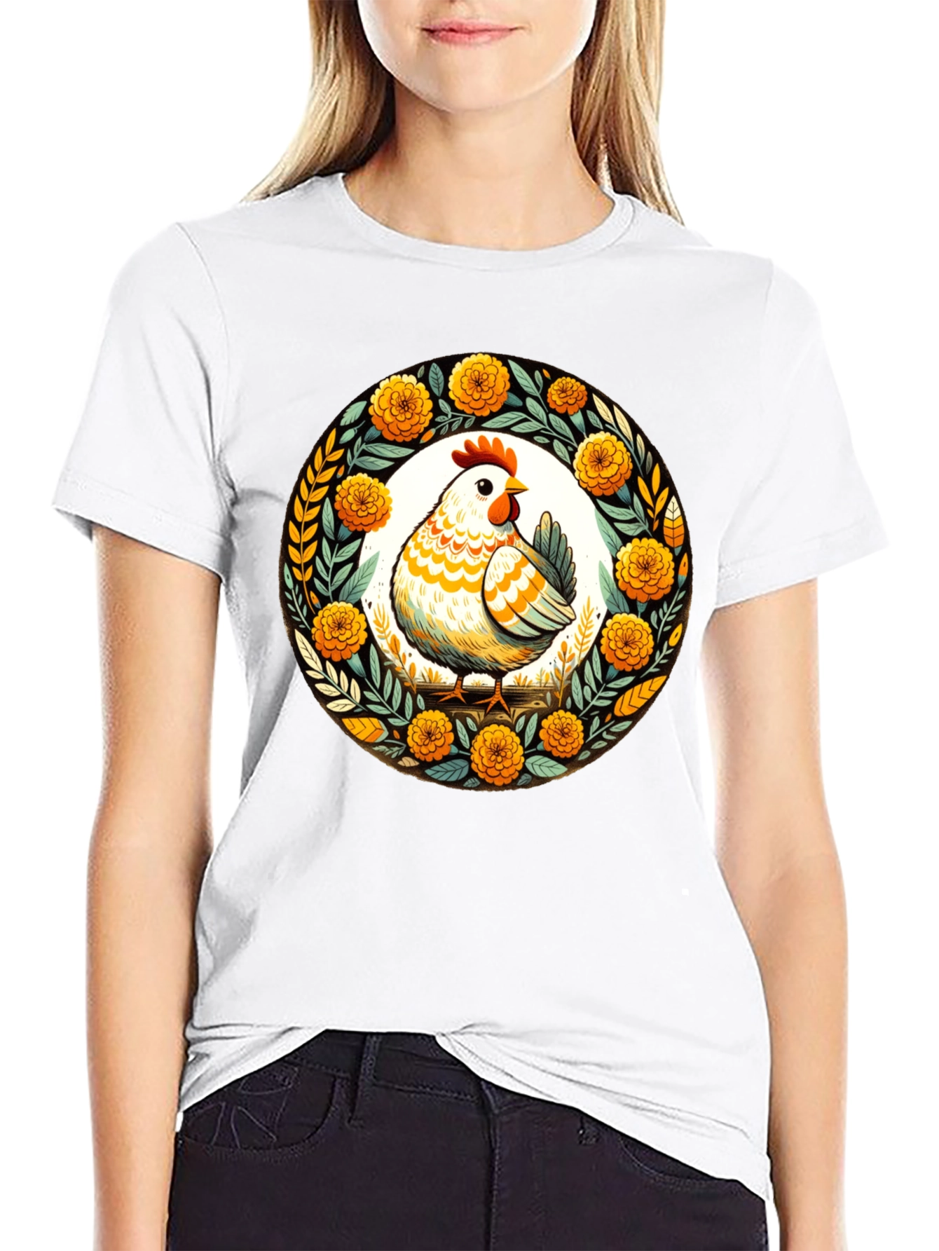 Chicken & Floral Wreath Graphic Tee