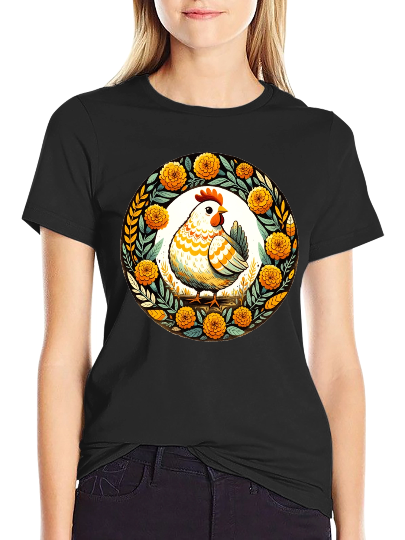 Chicken & Floral Wreath Graphic Tee