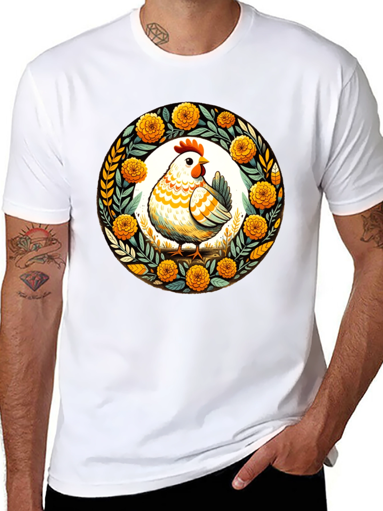 Chicken & Floral Wreath Graphic Tee