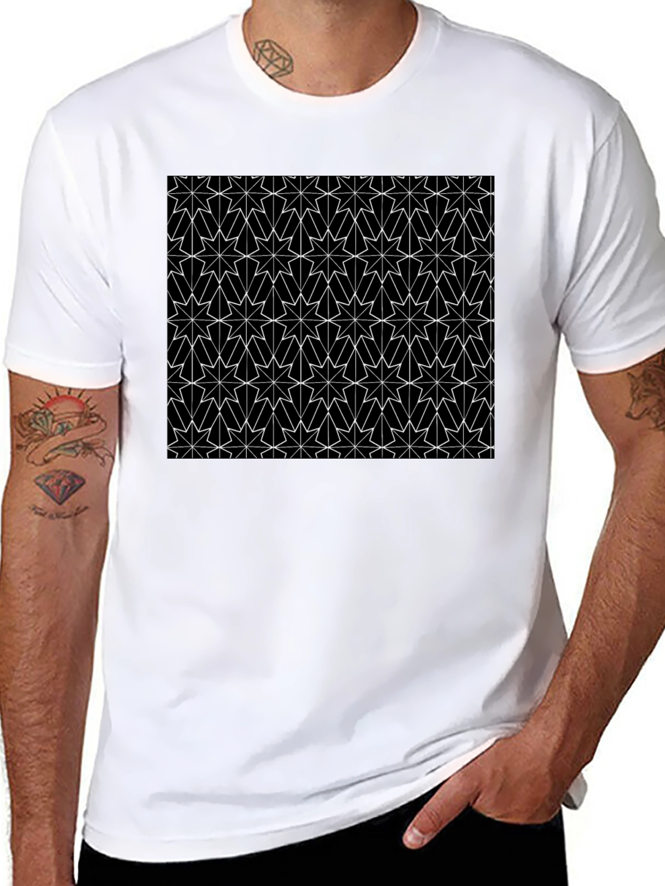 Geometric Star Pattern Black T-Shirt