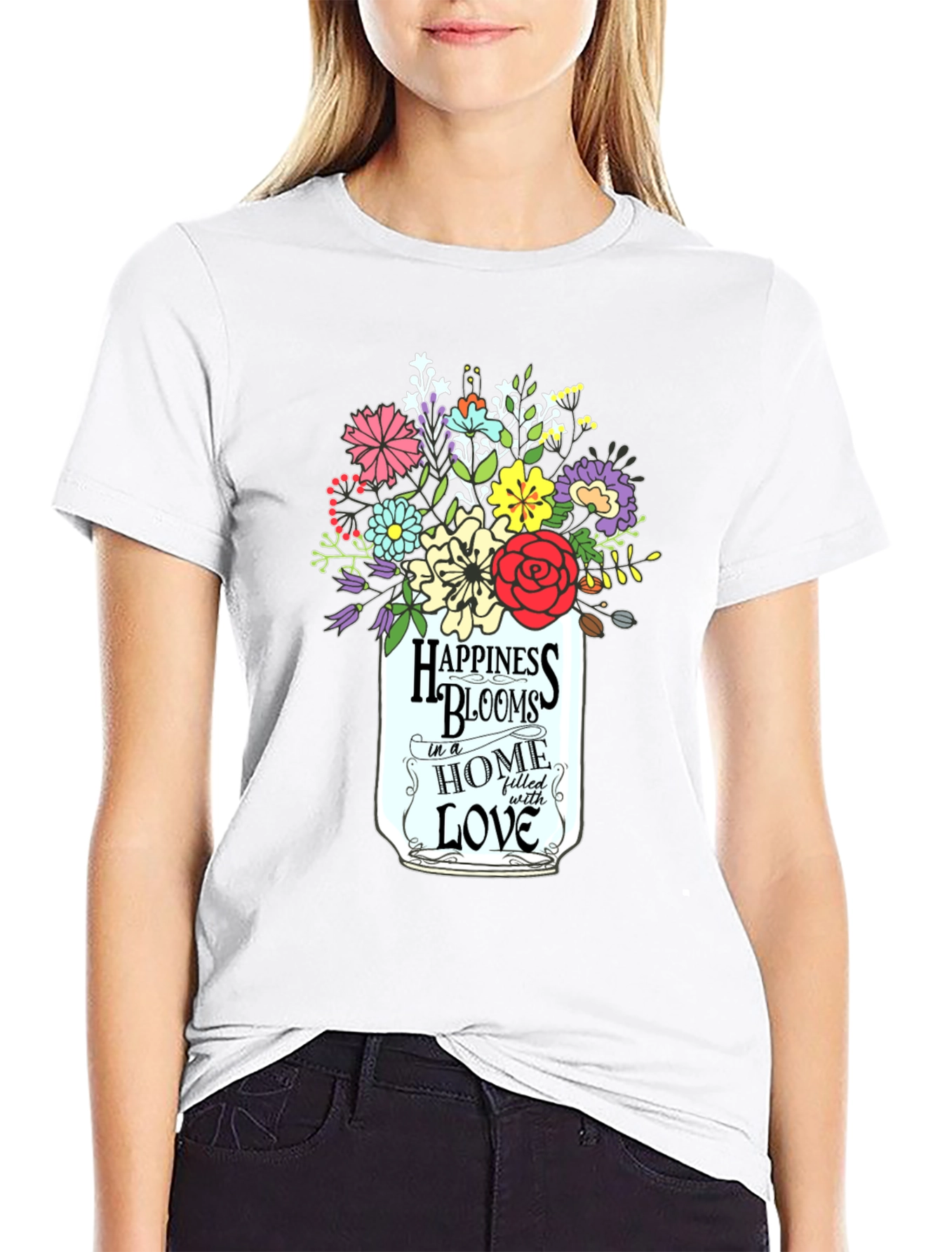 Happiness Blooms Graphic Tee - Floral Mason Jar