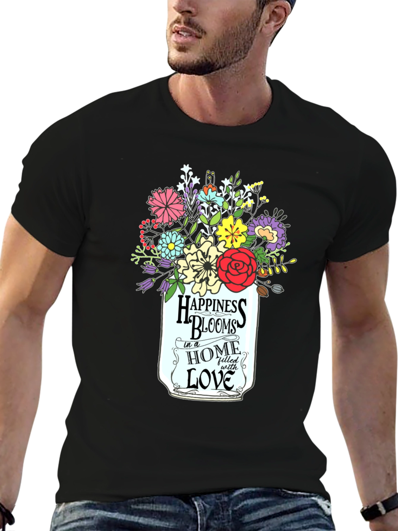 Happiness Blooms Graphic Tee - Floral Mason Jar