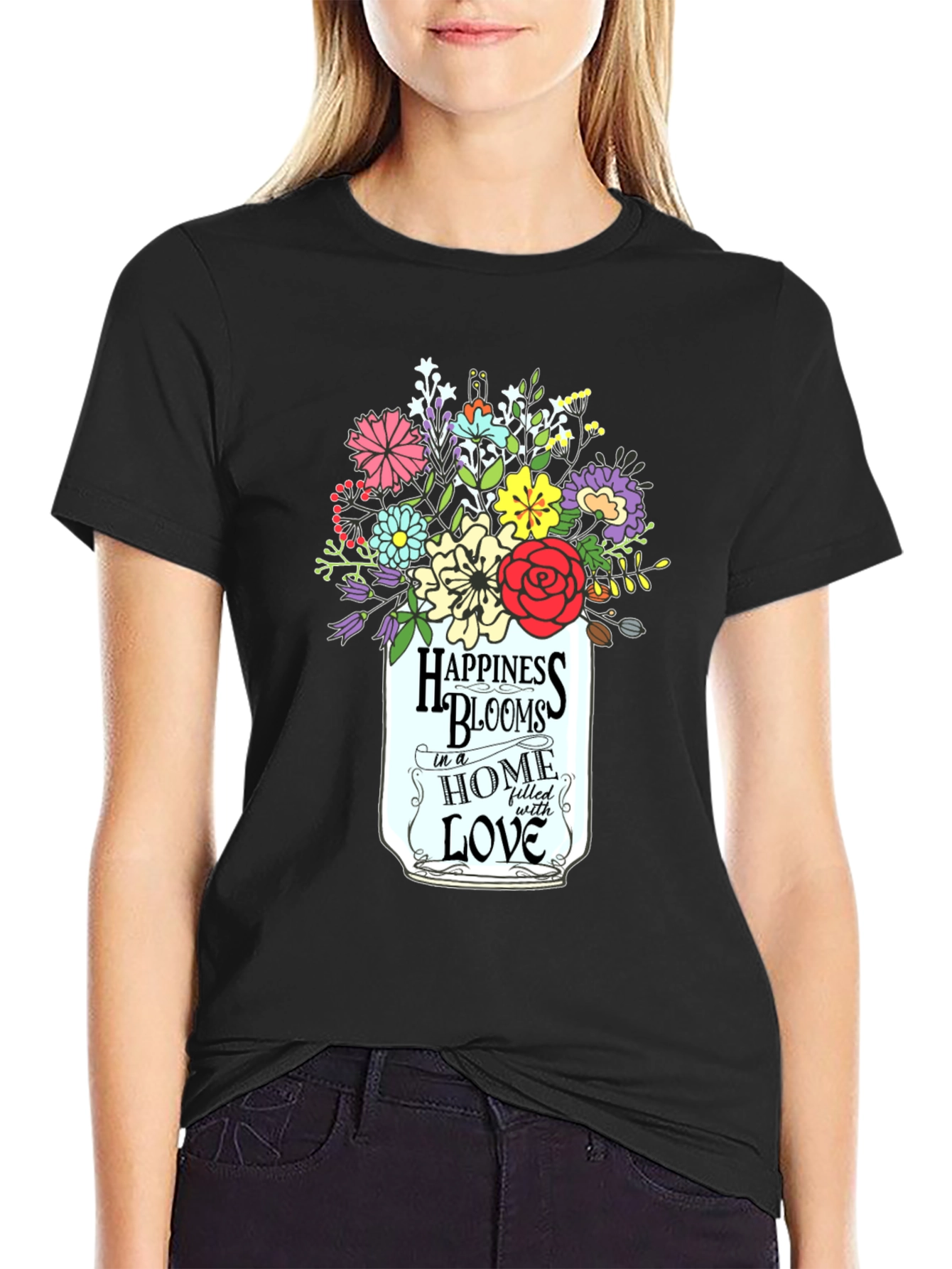 Happiness Blooms Graphic Tee - Floral Mason Jar