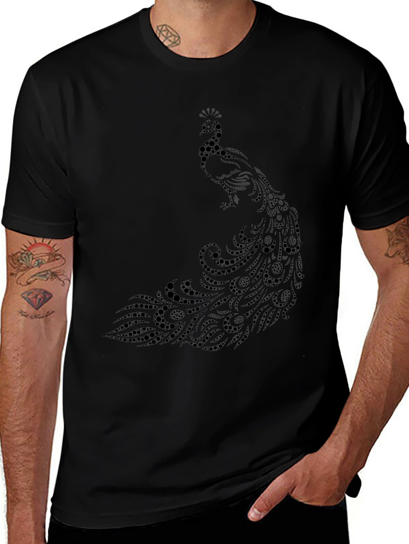 Elegant Black Peacock Graphic Tee - Stylish and Unique