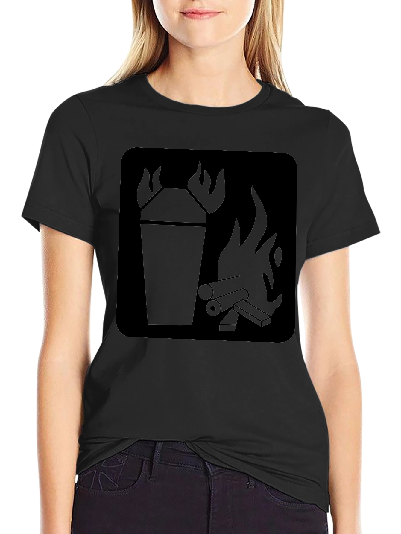 Black T-Shirt with Fire Symbol Graphic Print
