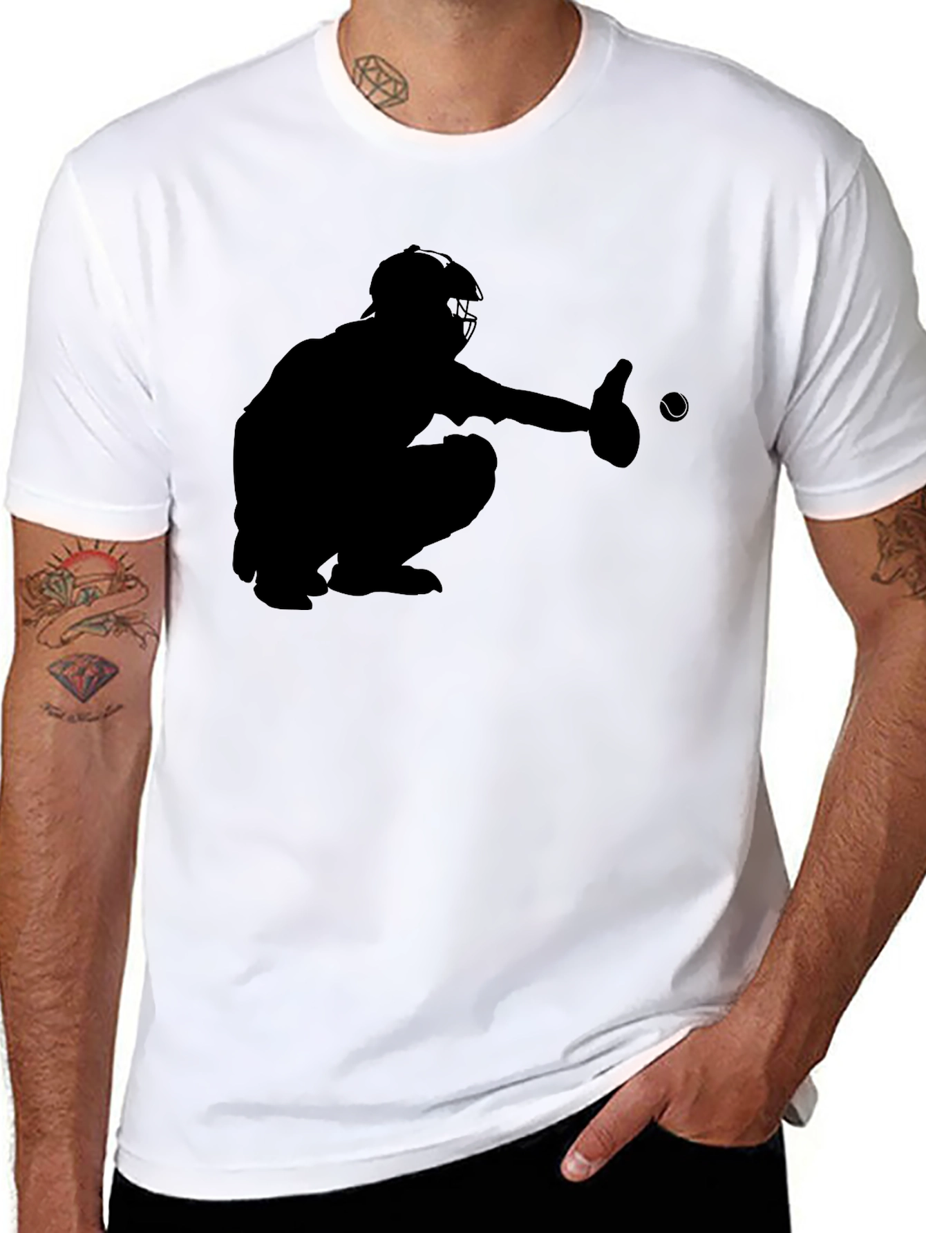 Baseball Catcher Silhouette Black T-Shirt