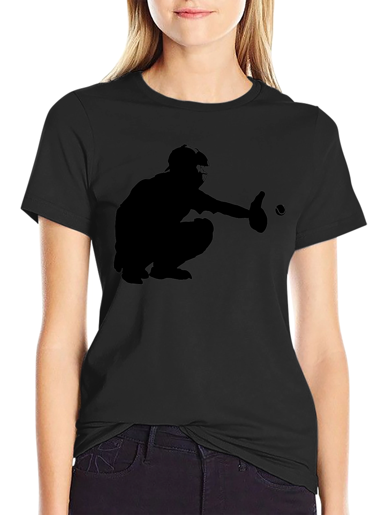 Baseball Catcher Silhouette Black T-Shirt