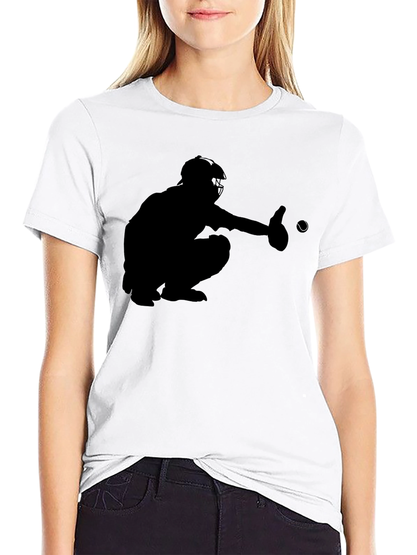 Baseball Catcher Silhouette Black T-Shirt